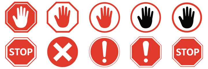 Obraz premium Set stop red sign icon with white hand, do not enter symbol, warning stop sign, vector illustration suitable for safety, traffic, hazard, and alert design projects.