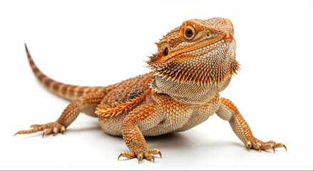 Bearded dragon poses on white background in natural setting during indoor lighting