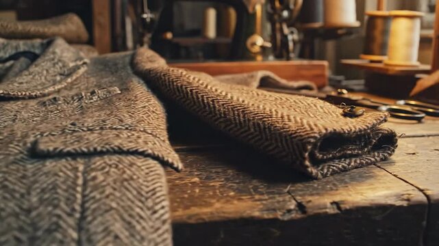 Vintage Tweed Jacket and Sewing Supplies Laid Out on an Old Wooden Workbench in a Tailor's Workshop