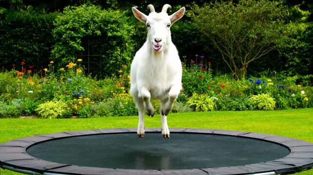 A playful goat bounces joyfully on a trampoline, framed by a vibrant garden setting, this image captures the goat's playful spirit and the serene nature.