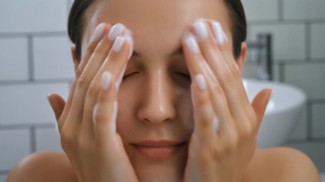 Woman washing face with soap in bathroom, massaging face with fingers
