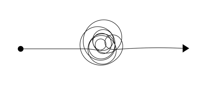 Abstract line arrow with scribble circle showing confusion to clarity concept for problem solving process and business direction