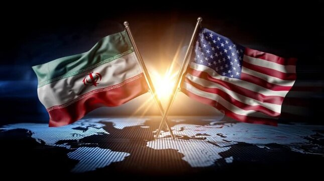 Iran And USA Conflict Iranian and American flags crossing over world map