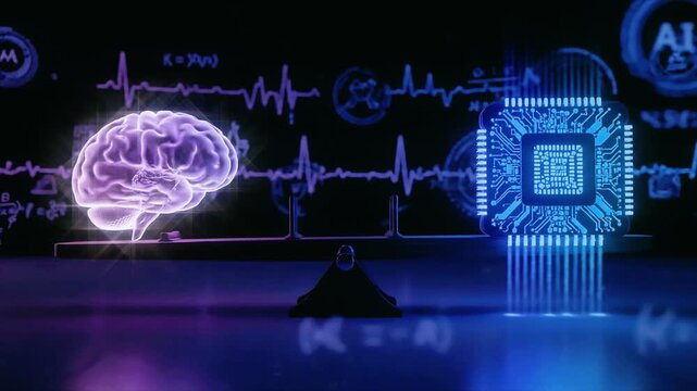 neon pink brain and blue chip illuminated in a dark digital lab, Suitable for AI Technology, Machine Learning and Innovation Concepts