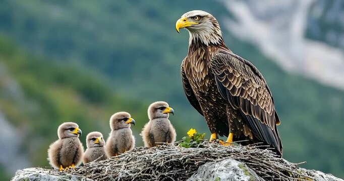 A majestic bald eagle stands proudly with its four adorable chicks in their nest, a heartwarming family portrait.