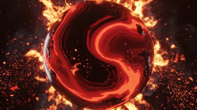 Floating demonic fireball animation with supernatural energy flames and black crimson core, cinematic infernal orb background for fantasy design
