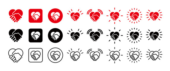 Handshake heart icon set, logo mark representing partnership, charity, agreement and love, various emphasis lines matching the handshake heart