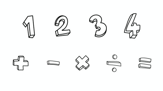 Colorful animated math numbers and symbols with playful hand drawn style, featuring digits and basic arithmetic signs. Ideal for kids education, e learning, school videos, math lessons, creative