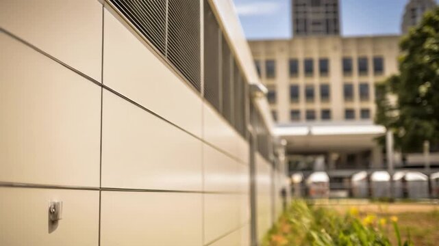 Medium closeup of a finished modular ORs exterior facade featuring sleek modern paneling and access doors in sharp focus with the main hospital building softly out of focus behind.