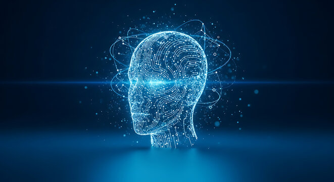 Futuristic digital human head with glowing blue circuits and neon lines, viewed from the side, showcasing advanced technology and innovative design