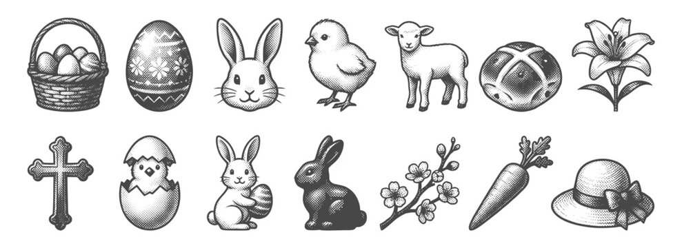 Vintage Engraving Style Easter Icon Set Featuring Bunny Rabbit Eggs Chick Lamb and Religious Cross for Spring Holiday Graphic Design