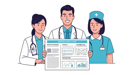 Fototapeta premium Medical Team and Chart: A dedicated medical team, comprised of a doctor and nurses, collaborates over a detailed health chart. Together they analyze data.