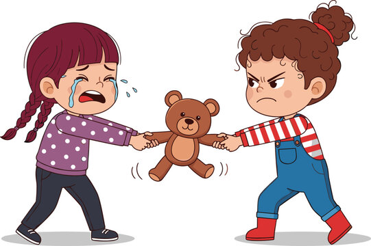Cartoon children fighting over teddy bear toy, sibling conflict and childhood emotion illustration showing anger jealousy and sharing problem, kids behavior concept isolated