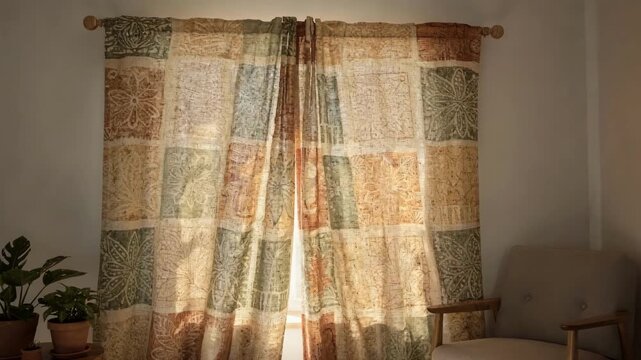 Midrange shot capturing charming blockstyle printed curtain panels with handstamped motifs and rich earthy tones emphasizing artisanal craftsmanship.