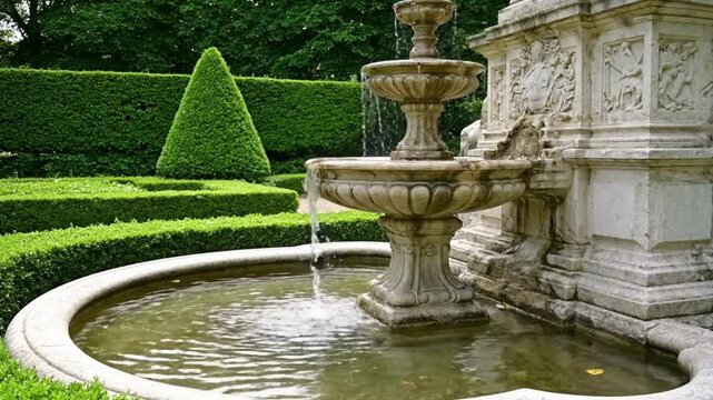 The elegant tiered fountain takes center stage in this meticulously manicured garden, where water flows gracefully into a serene pool. The scene is framed by manicured hedges and topiary trees.