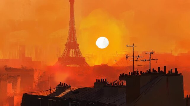 Stunning orange sunset from rooftop in Paris showcasing Eiffel Tower against vibrant sky, Orange sunset from a Parisian rooftop overlooking the Eiffel Tower