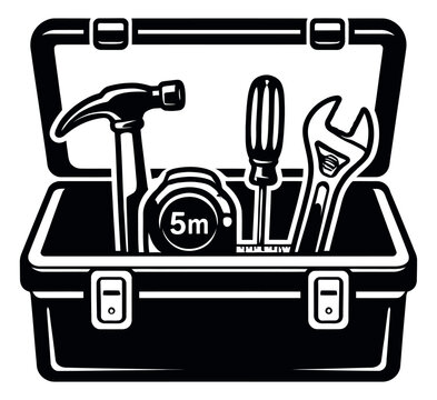 Vector graphic toolbox set featuring a hammer, screwdriver, wrench, and tape measure for home repair and construction