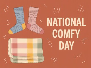 National comfy day illustration with socks and blanket on orange background