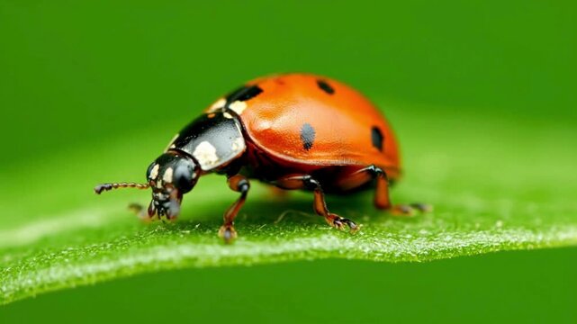 A striking macro photograph showcases a vibrant ladybug, resplendent in its iconic red and black markings, perched delicately upon a lush green leaf.