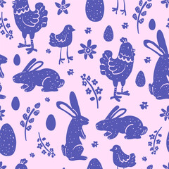 Easter seamless pattern with rabbits, chickens, chicks, eggs and flowers in hand drawn folk art style on pink background.