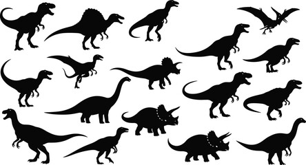 Black dinosaur silhouettes vector set including T-Rex triceratops and pterodactyl, prehistoric jurassic animal collection, extinct wildlife elements isolated on white background © MdArfin
