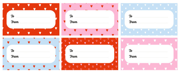 Valentines Day gift tag set with heart patterns in red, pink and blue colors. Love themed labels with place for text To and From.