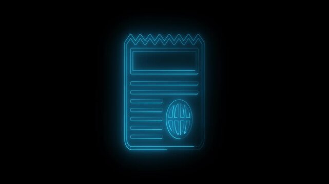 Neon Passport Document Icon on Black Background.
Glowing blue outline passport with text lines and globe symbol representing travel identification and official document.