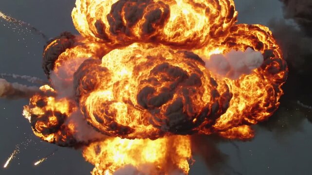 Bomb explosion video showing ignition which starting with small spark in center and expanding outward into a large very powerful explosion.Slow motion video.AI Generative.