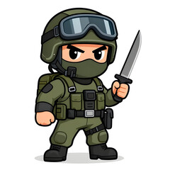 Naklejka premium A sturdy special forces soldier with a combat weapon, fully equipped in special combat gear. Cartoon mascot, illustration, clean lines, flat design, modern, high quality