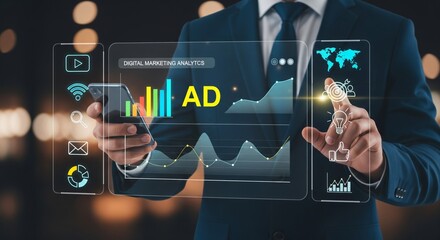 Digital Marketing Analytics Dashboard with Advertising Data and Hologram Icons