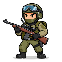 Naklejka premium A sturdy special forces soldier with a combat weapon, fully equipped in special combat gear. Cartoon mascot, illustration, clean lines, flat design, modern, high quality