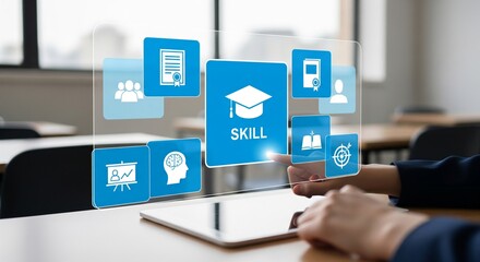 Digital Skill Development and Online Education Concept with Blue Icons