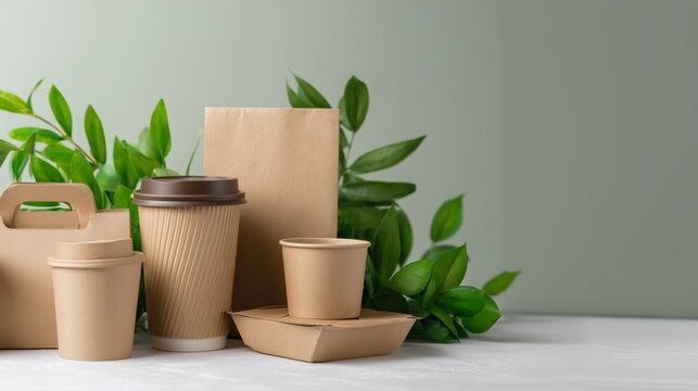 Eco-friendly paper craft packaging and packaging made from biodegradable materials. zero waste and recycling concept. Green package or disposable for sustainable environmental protection