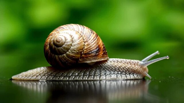 A close-up captures the intricate details of a snail's shell and body as it gracefully glides across a reflective surface, its antennae extended as it explores its verdant environment.