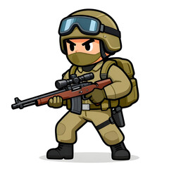 Naklejka premium A sturdy special forces soldier with a combat weapon, fully equipped in special combat gear. Cartoon mascot, illustration, clean lines, flat design, modern, high quality