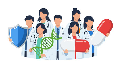 Healthcare Team: A dedicated healthcare team stands united, symbolizing protection, medical advancement, and pharmaceutical innovation with a shield, DNA strand, and pill. © FARHANA