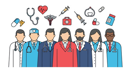 Healthcare Heroes Unite: A dedicated assembly of medical professionals, equipped with essential tools, stands united. © Azizun