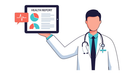 Fototapeta premium Digital Diagnosis: A healthcare professional presents a digital tablet displaying a detailed health report, symbolizing modern medicine and patient care.
