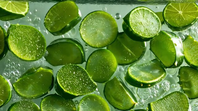 Freshly sliced green limes floating in a clear liquid