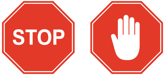 Two red octagonal stop signs, one with white text &ldquo;STOP&rdquo; and the other with white open hand symbol, vector illustration for traffic, safety, and warning designs.