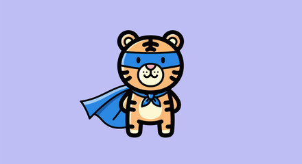 Fototapeta premium Cartoon tiger superhero with blue cape