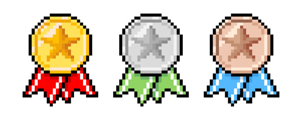 Pixel art game rank medals, level badges. Pixelated vector illustration of Gold, silver, and bronze awards with colorfull ribbons. Retro 8 bit pixel game assets © alka5051