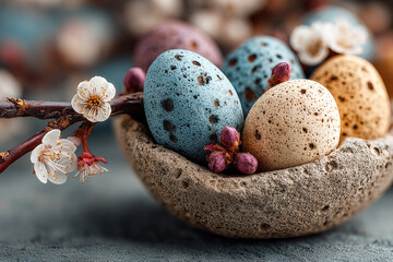 Obraz premium A bowl holds colorful Easter eggs in various shades. Surrounding the bowl are delicate flowers, creating a festive atmosphere for the Easter celebration at home