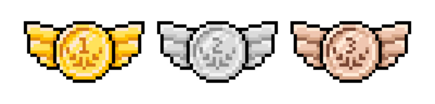 Pixel art game rank medals with wings, level badges. Pixelated vector illustration of gold, silver, and bronze awards. Retro 8 bit pixel game assets