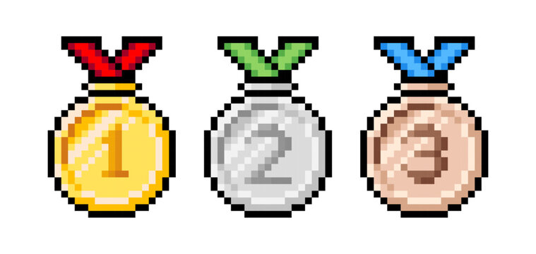 Pixel art medal icons. Pixelated vector illustration of Gold, silver, and bronze medal with colorfull ribbons. Retro 8 bit pixel assets for game