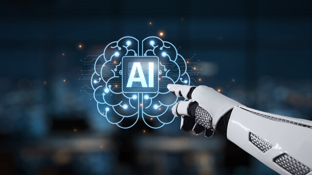 A futuristic robotic hand interacts with an AI brain in a modern office, symbolizing the convergence of advanced technology and intelligent systems in today world. Synapse