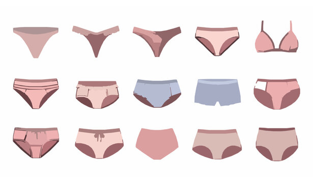 Women underwear types flat vector set with classic thong bikini boyshorts and high waist panties