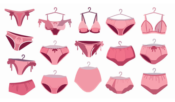 Cartoon women panties collection vector illustration with modern underwear styles on white background