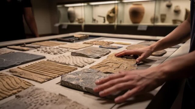Medium shot of a visitors hands exploring textured surfaces on an interactive haptic learning table with blurred archaeological artifacts in the background.