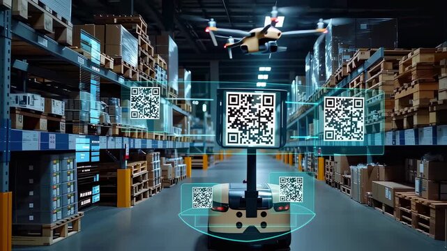 Autonomous delivery robot navigating warehouse aisles scanning QR codes with drone assistance for efficient inventory management and tracking